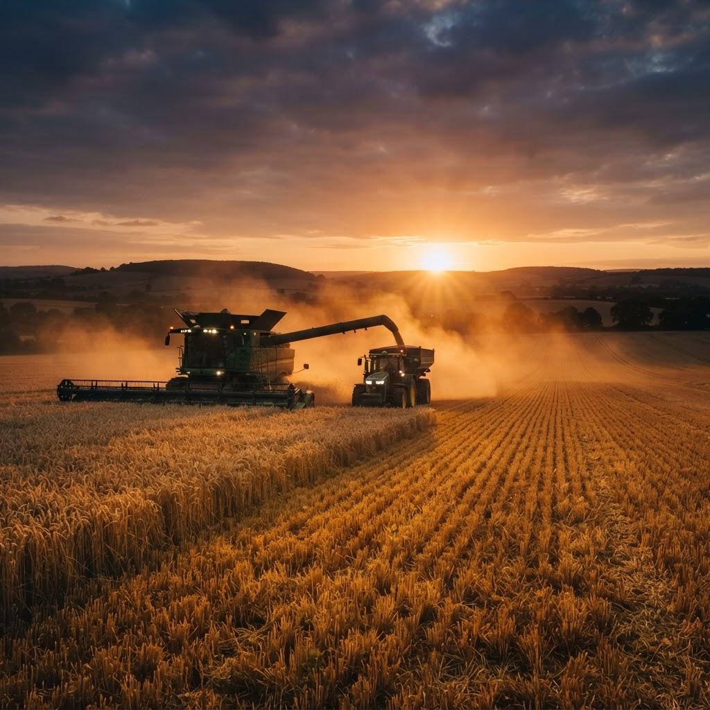 Combine harvester working a golden wheat field at dusk